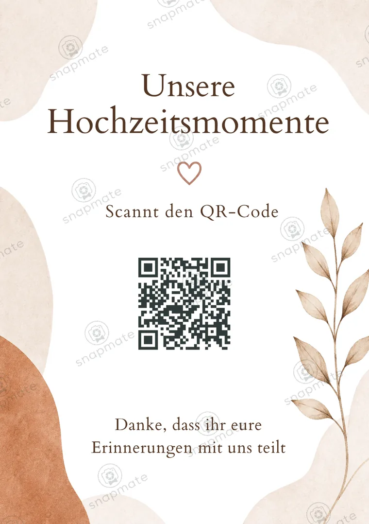 A5-QR-Aufsteller im Design Boho Terracotta: Gäste scannen den Code und laden ihre Fotos in die Galerie