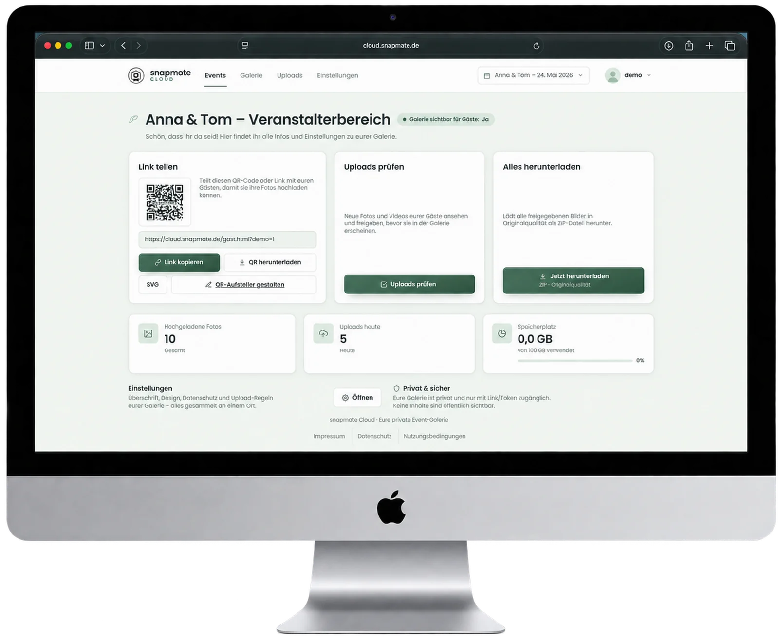 Veranstalterbereich am iMac: QR-Code teilen, Uploads freigeben, alle Bilder herunterladen