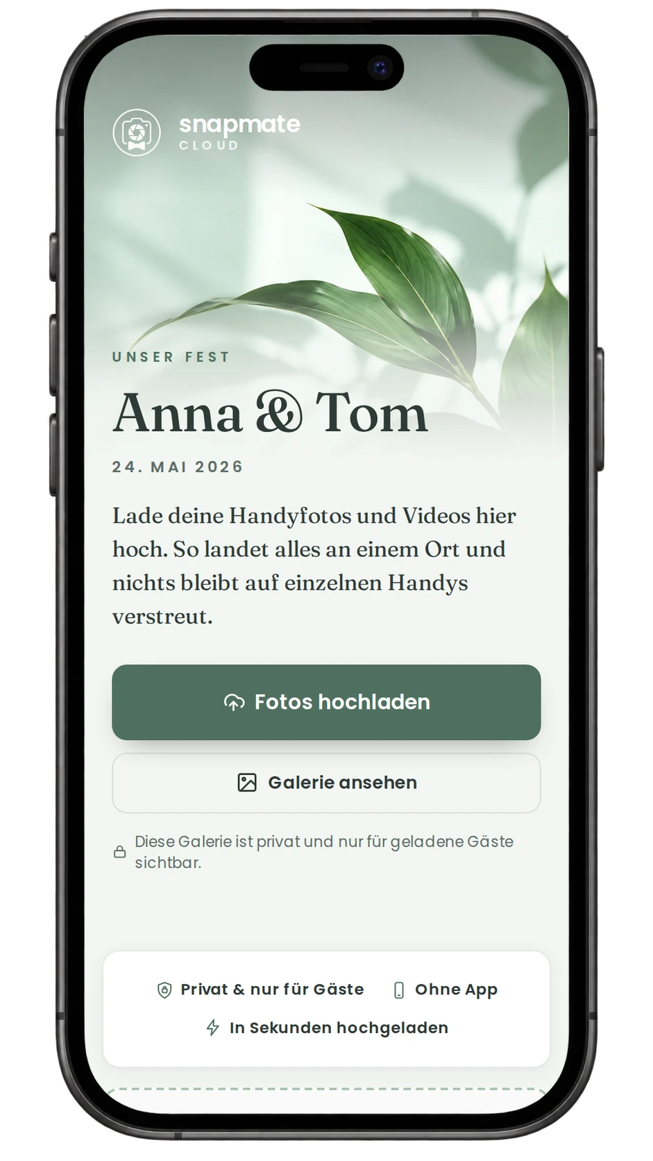 Gäste-Ansicht auf dem Smartphone: Fotos hochladen ohne App und ohne Konto